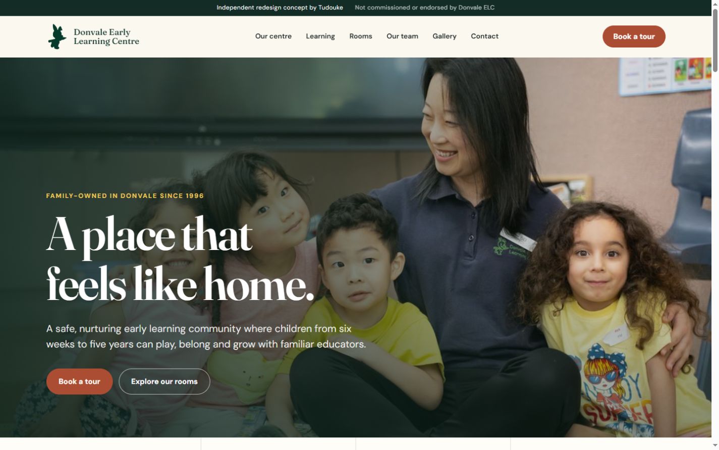 Donvale Early Learning Centre redesign concept with family photography and book-a-tour action